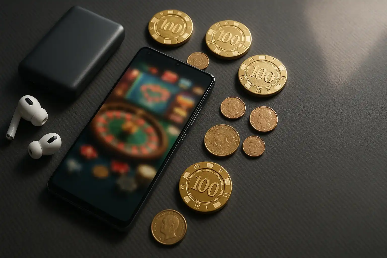 Ultra-realistic flat-lay of Android casino app setup with chips and peso coins