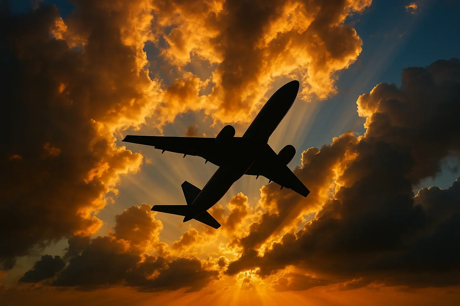 Modern plane silhouette ascending through golden-hour clouds with dramatic sun rays