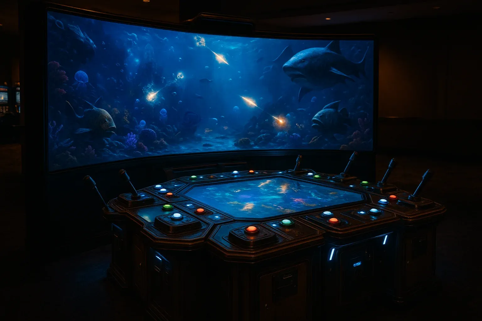 Ultra-realistic fishing game arcade cabinet in a Philippine casino with underwater screen