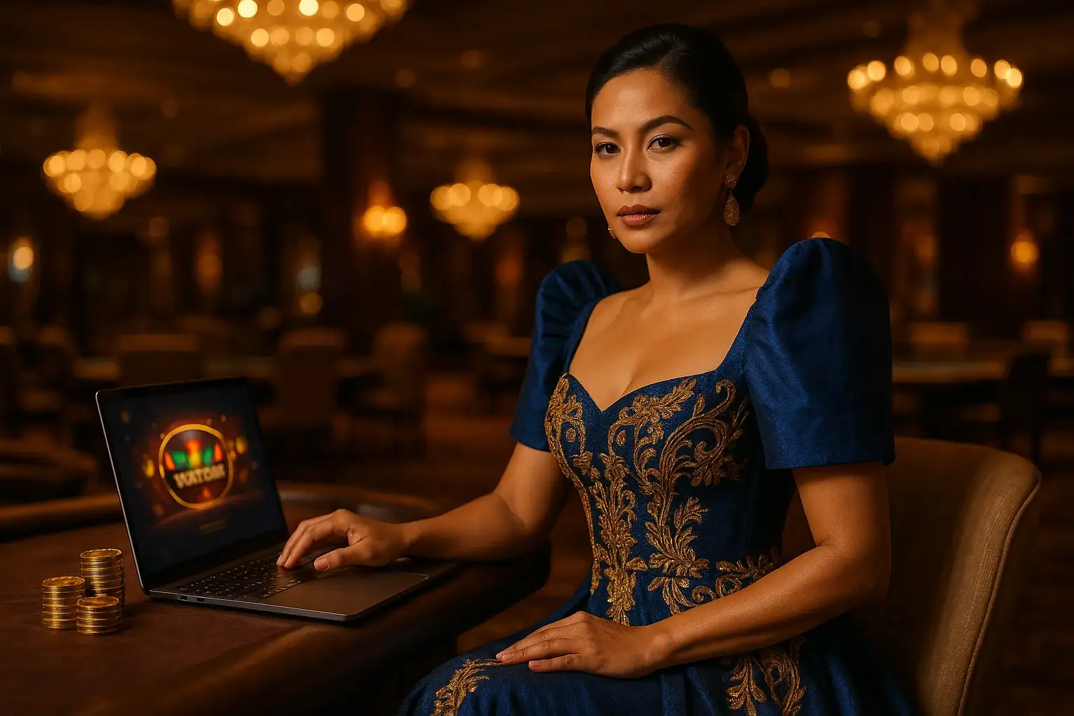 Glamorous Filipino woman in royal blue gown at VIP casino lounge