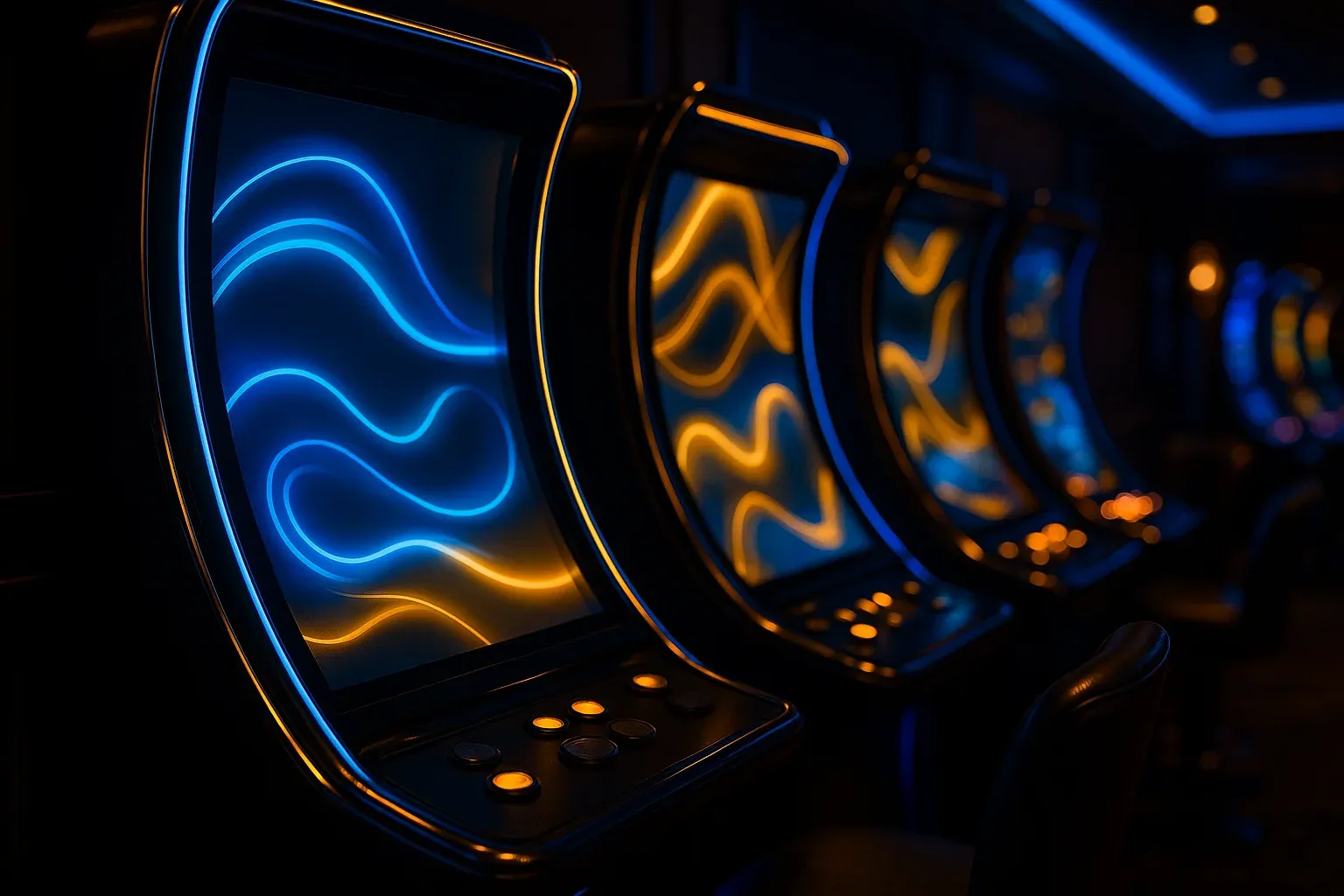 Curved slot machine screens glowing in a dark premium lounge