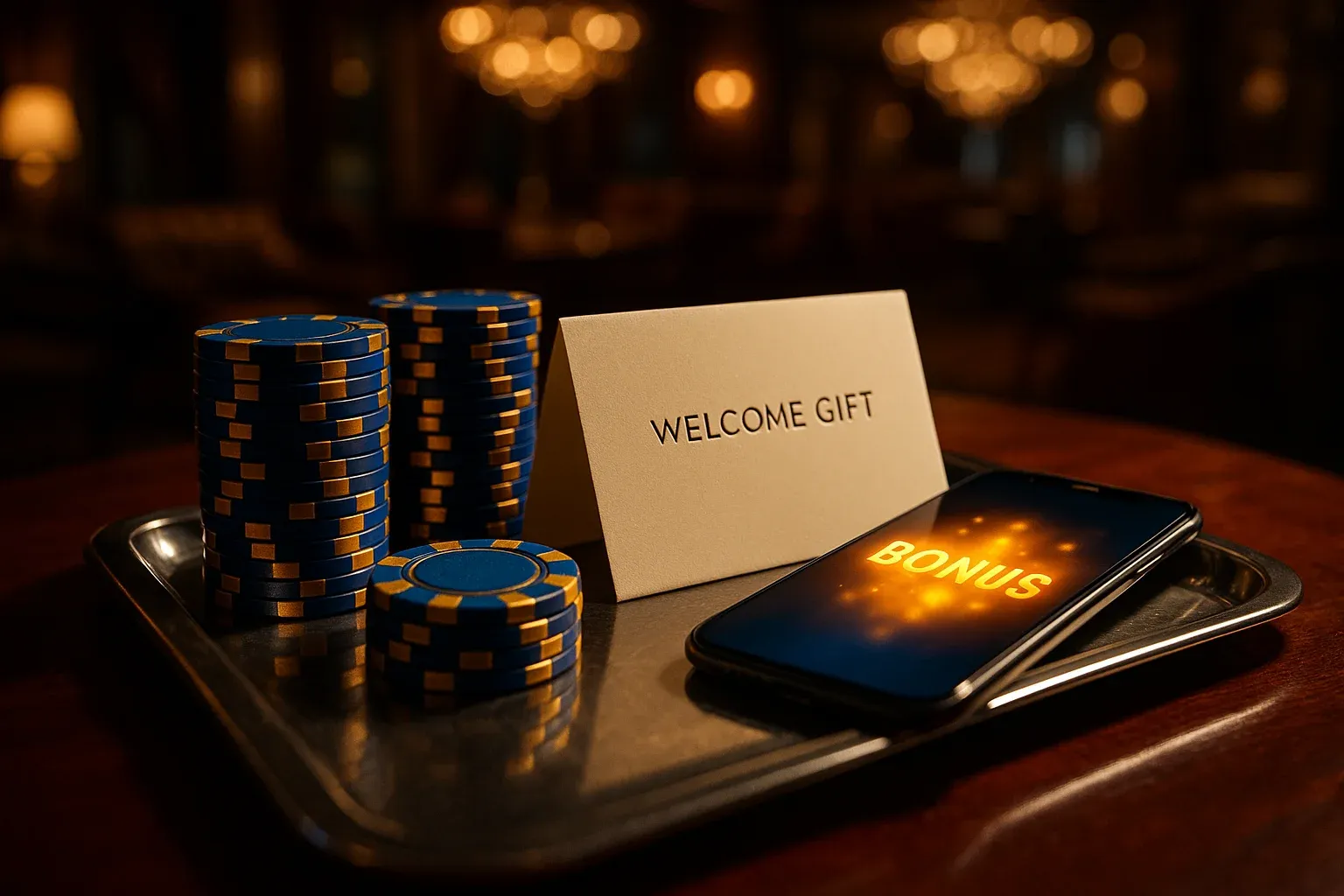VIP casino bonus tray with blue gold chips and smartphone in Manila lounge