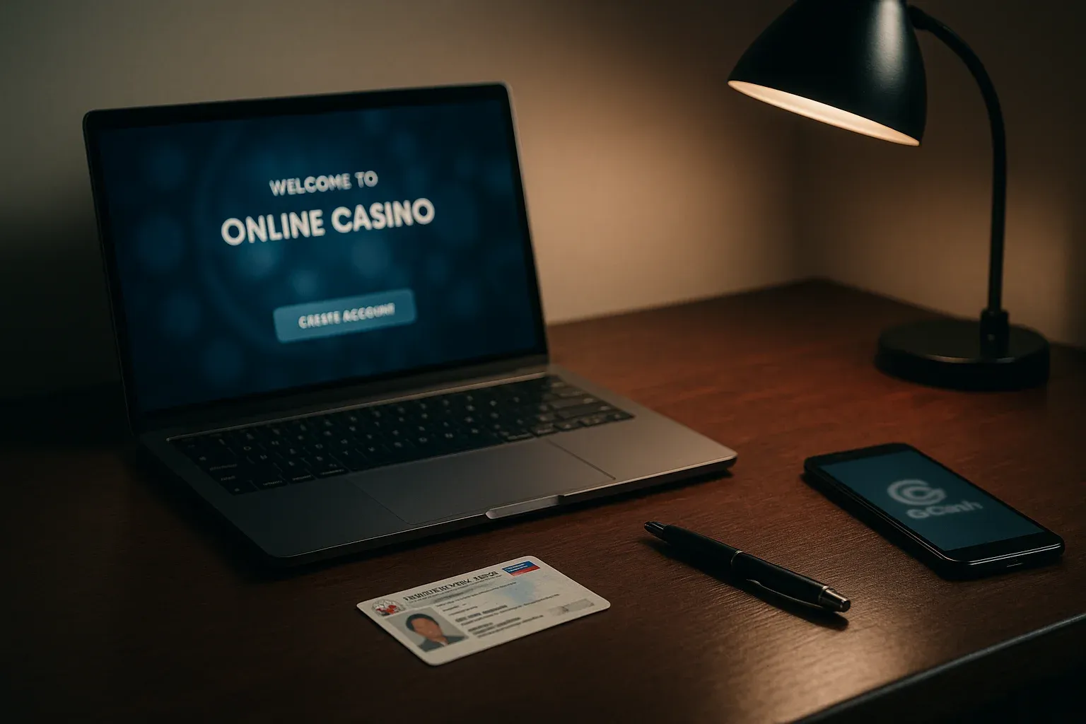 Premium online casino registration on laptop with ID, pen, and phone