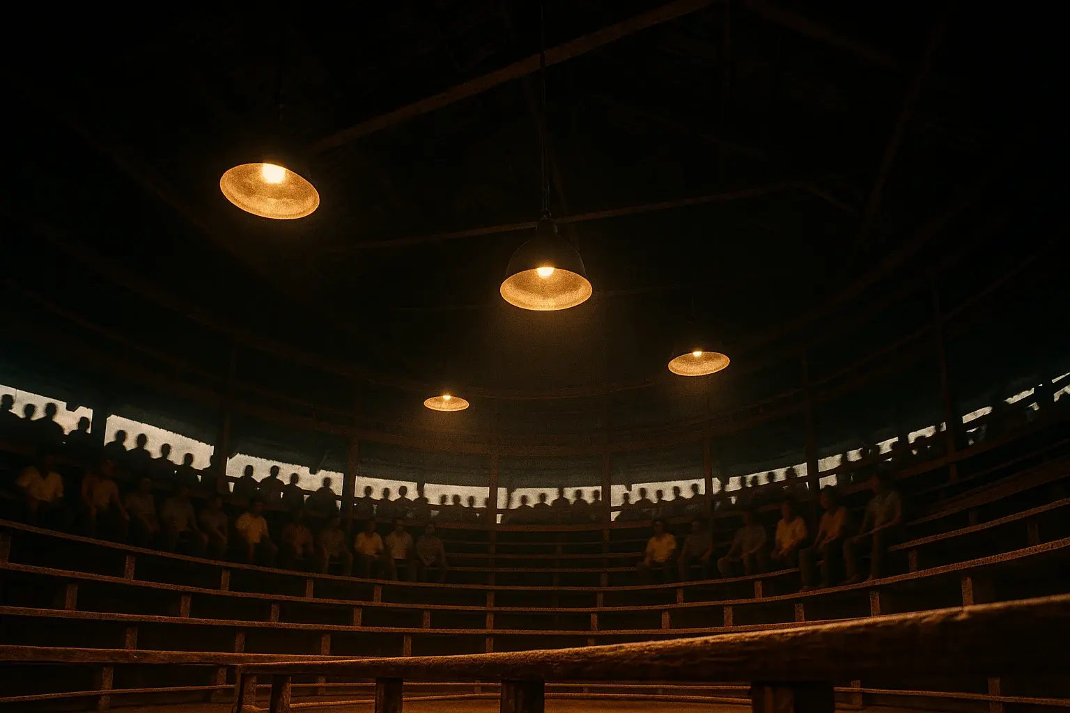 Low-angle interior view of Philippine sabong arena with tiered seating