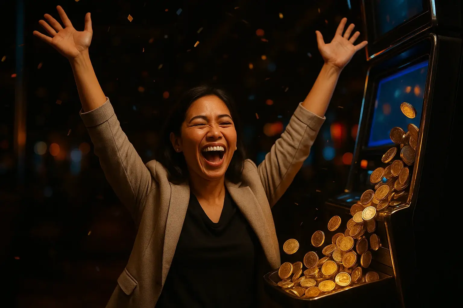 Filipino woman celebrates jackpot beside JILI slot machine with cascading coins