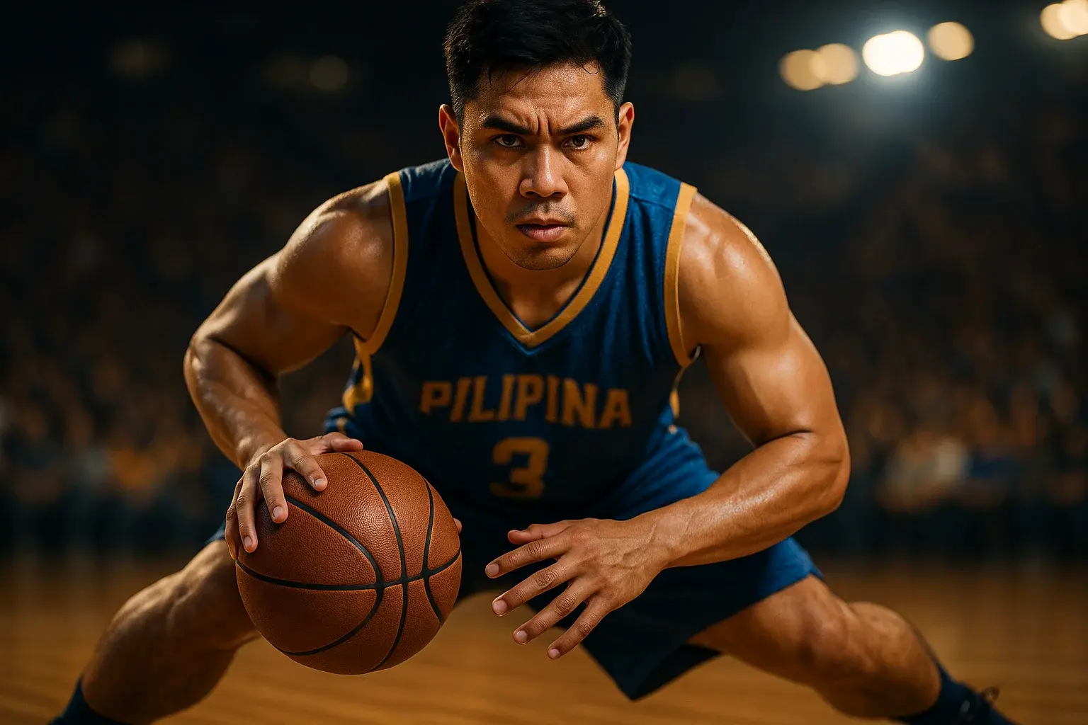 Ultra-realistic Filipino basketball player dribbling at mid-court under arena lights